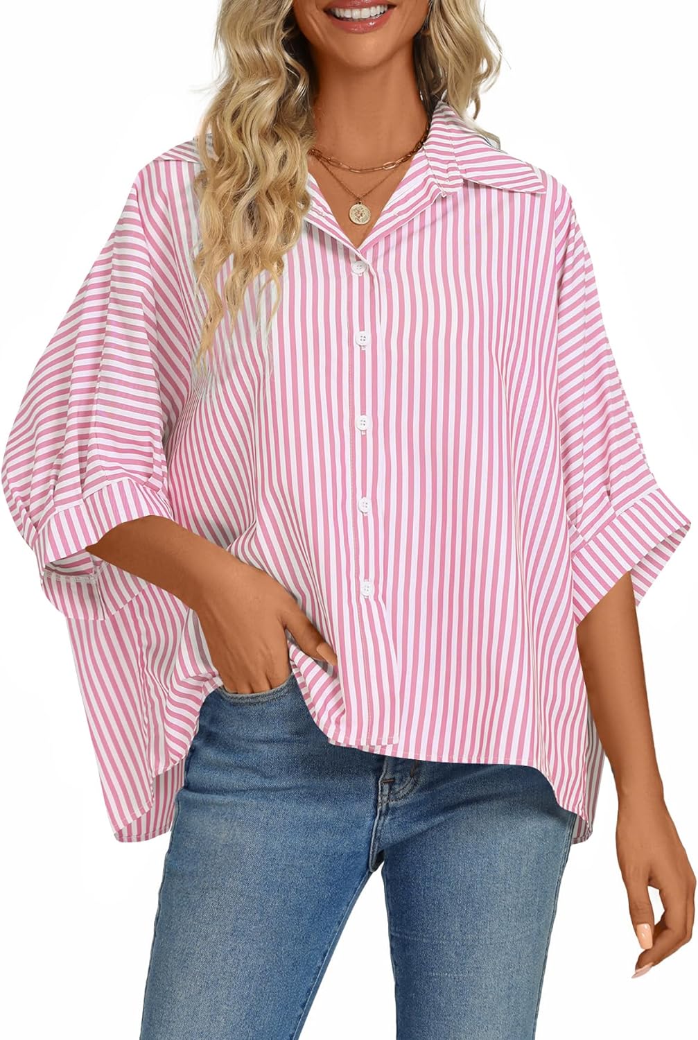 Women's Casual Stripe Button Down Collar V Neck Half Sleeve Loose Blouse Shirt Top