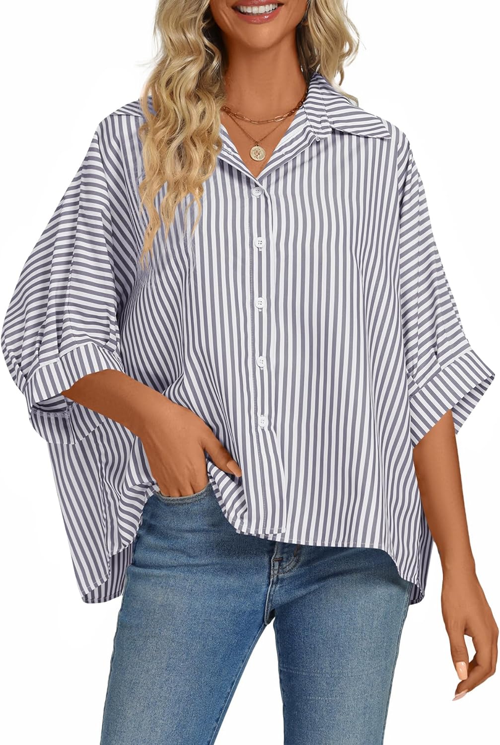 Women's Casual Stripe Button Down Collar V Neck Half Sleeve Loose Blouse Shirt Top
