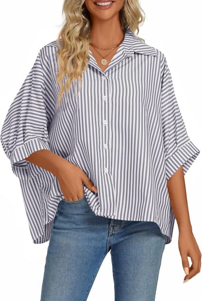 Women's Casual Stripe Button Down Collar V Neck Half Sleeve Loose Blouse Shirt Top