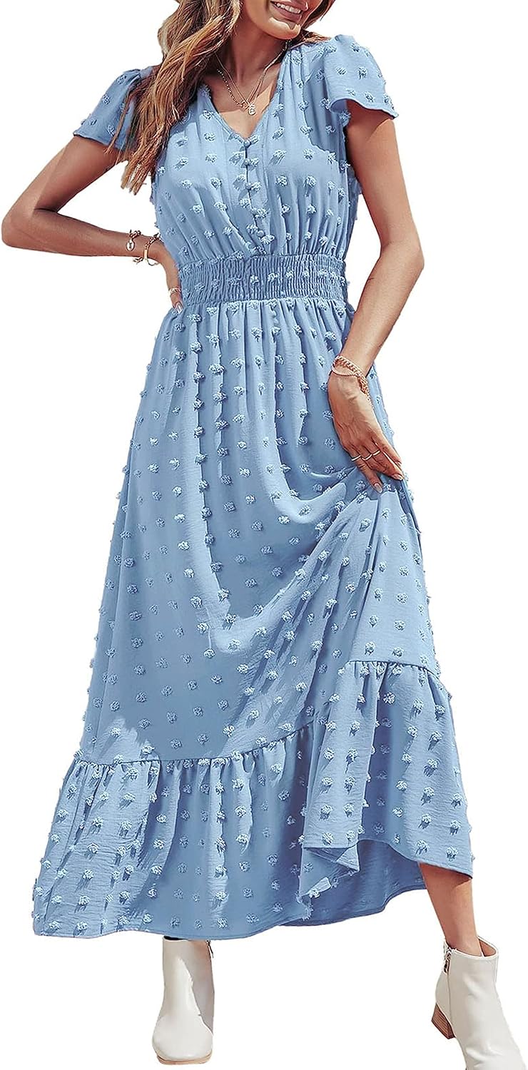 Womens Dresses 2025 Summer Maxi Dress Boho Short Sleeve V Neck Swiss Dot Ruffle Tiered Smocked Flowy Long Dress