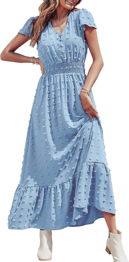 Womens Dresses 2025 Summer Maxi Dress Boho Short Sleeve V Neck Swiss Dot Ruffle Tiered Smocked Flowy Long Dress