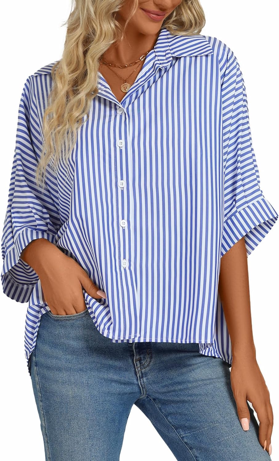 Women's Casual Stripe Button Down Collar V Neck Half Sleeve Loose Blouse Shirt Top