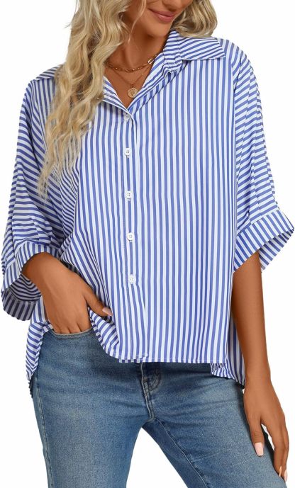 Women's Casual Stripe Button Down Collar V Neck Half Sleeve Loose Blouse Shirt Top