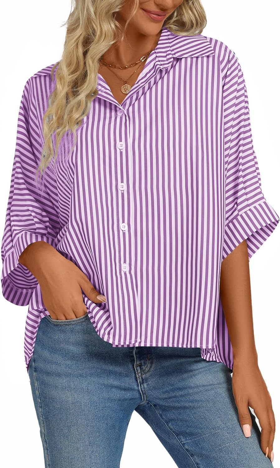 Women's Casual Stripe Button Down Collar V Neck Half Sleeve Loose Blouse Shirt Top
