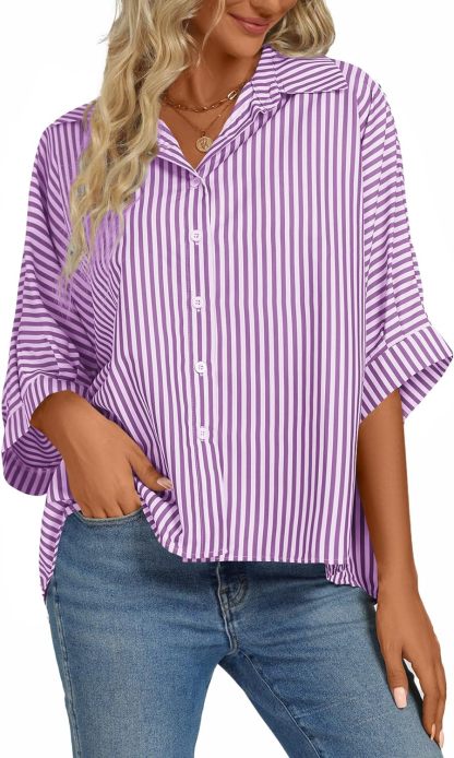 Women's Casual Stripe Button Down Collar V Neck Half Sleeve Loose Blouse Shirt Top