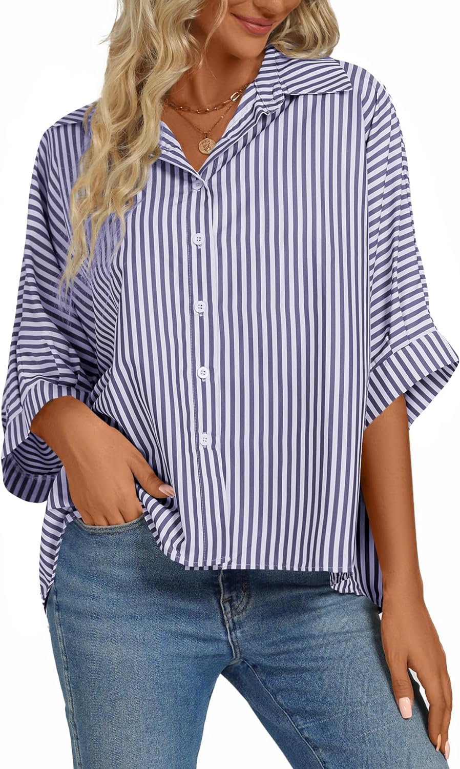 Women's Casual Stripe Button Down Collar V Neck Half Sleeve Loose Blouse Shirt Top