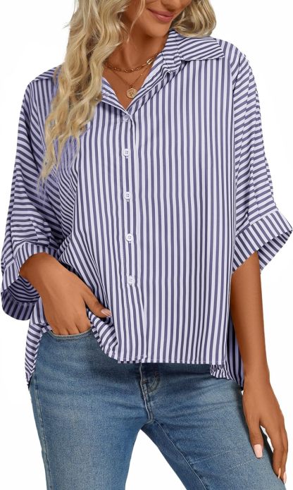 Women's Casual Stripe Button Down Collar V Neck Half Sleeve Loose Blouse Shirt Top