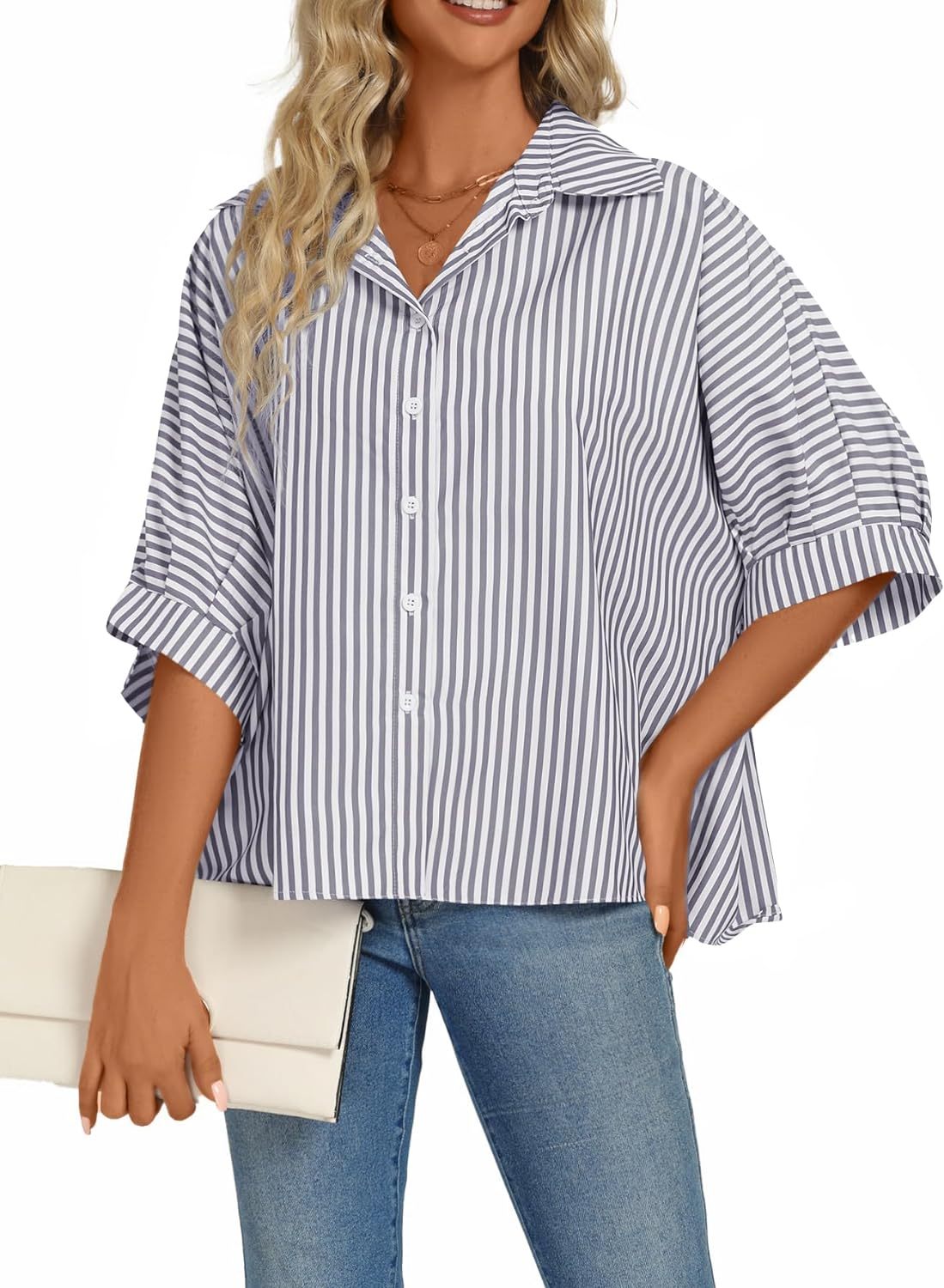 Women's Casual Stripe Button Down Collar V Neck Half Sleeve Loose Blouse Shirt Top