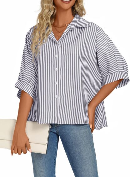 Women's Casual Stripe Button Down Collar V Neck Half Sleeve Loose Blouse Shirt Top
