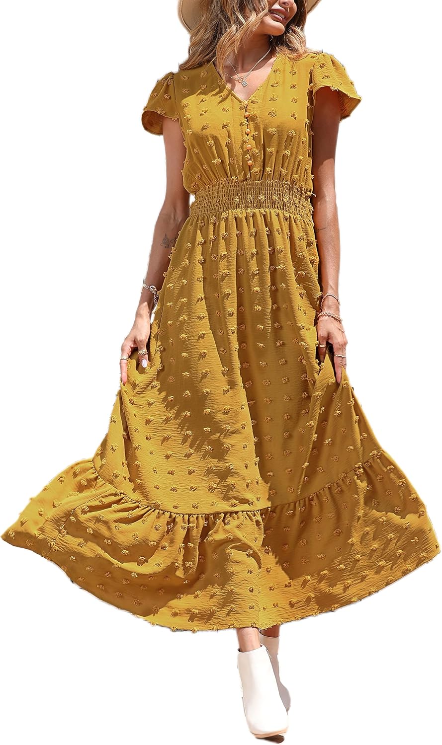 Womens Dresses 2025 Summer Maxi Dress Boho Short Sleeve V Neck Swiss Dot Ruffle Tiered Smocked Flowy Long Dress