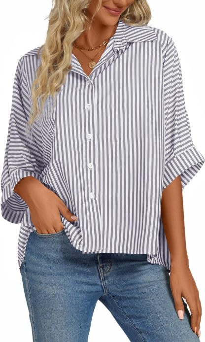 Women's Casual Stripe Button Down Collar V Neck Half Sleeve Loose Blouse Shirt Top