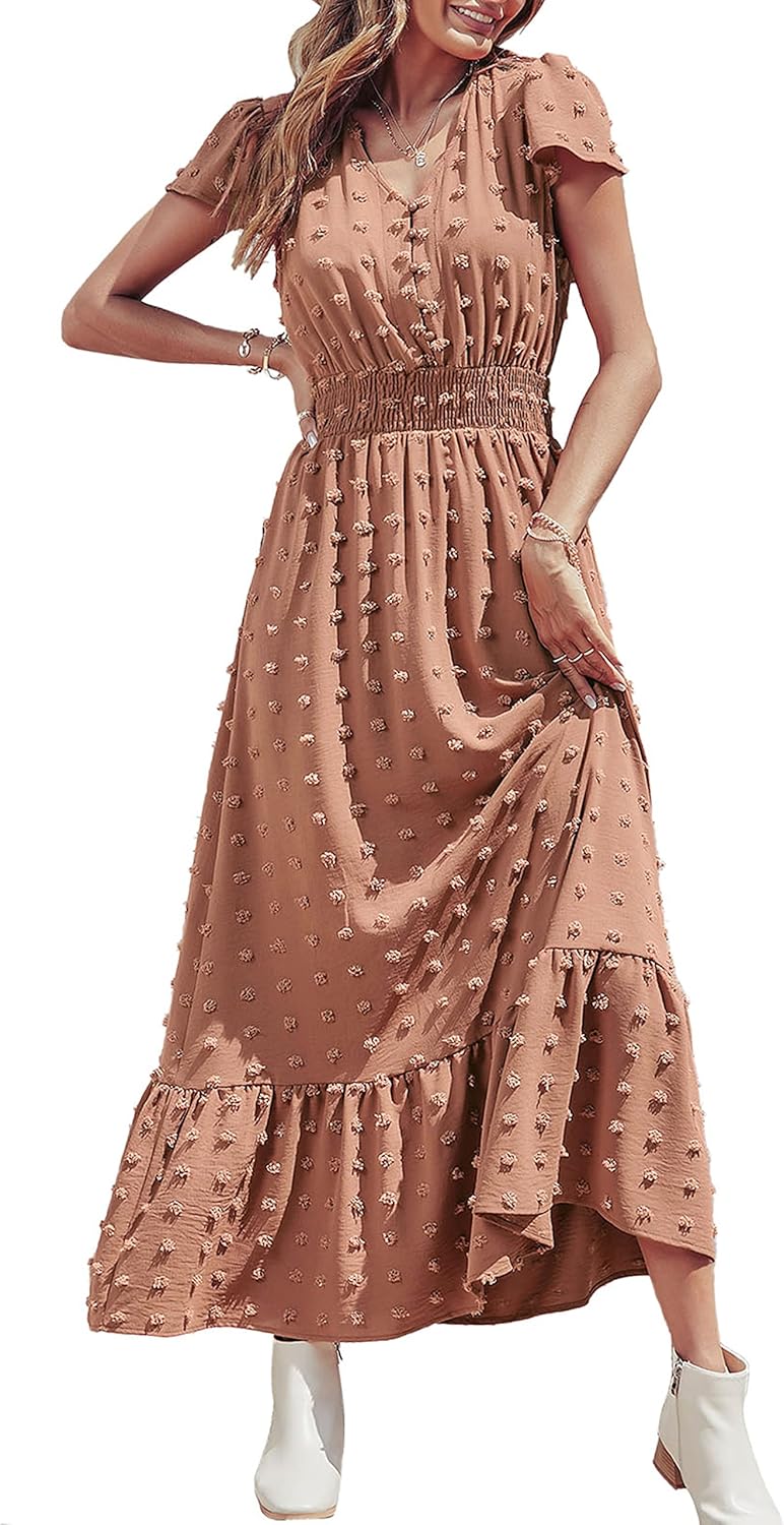 Womens Dresses 2025 Summer Maxi Dress Boho Short Sleeve V Neck Swiss Dot Ruffle Tiered Smocked Flowy Long Dress