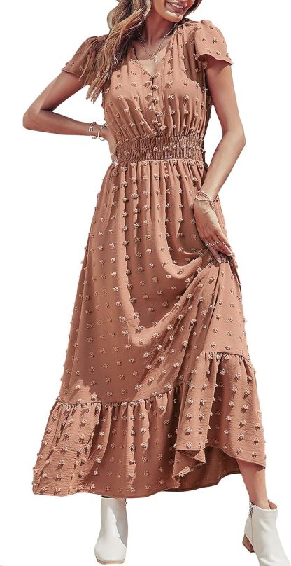 Womens Dresses 2025 Summer Maxi Dress Boho Short Sleeve V Neck Swiss Dot Ruffle Tiered Smocked Flowy Long Dress