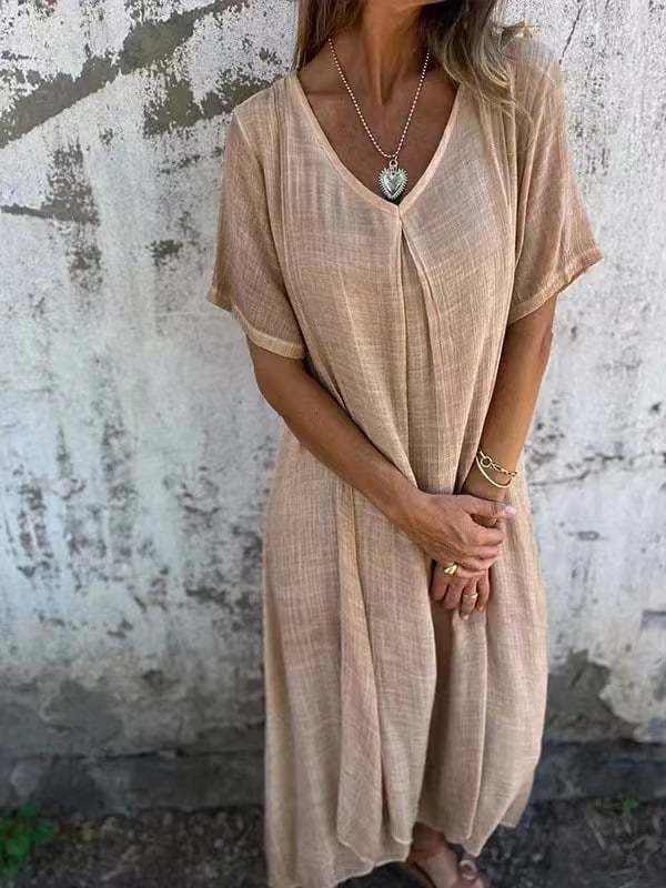 Cotton and Linen V-neck Midi Dress(buy 3 free shipping)