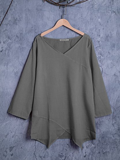 Paneled V Neck Solid 3/4 Sleeve Shirts & Tops
