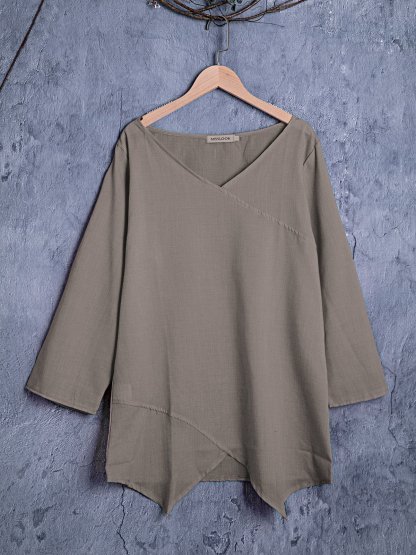 Paneled V Neck Solid 3/4 Sleeve Shirts & Tops