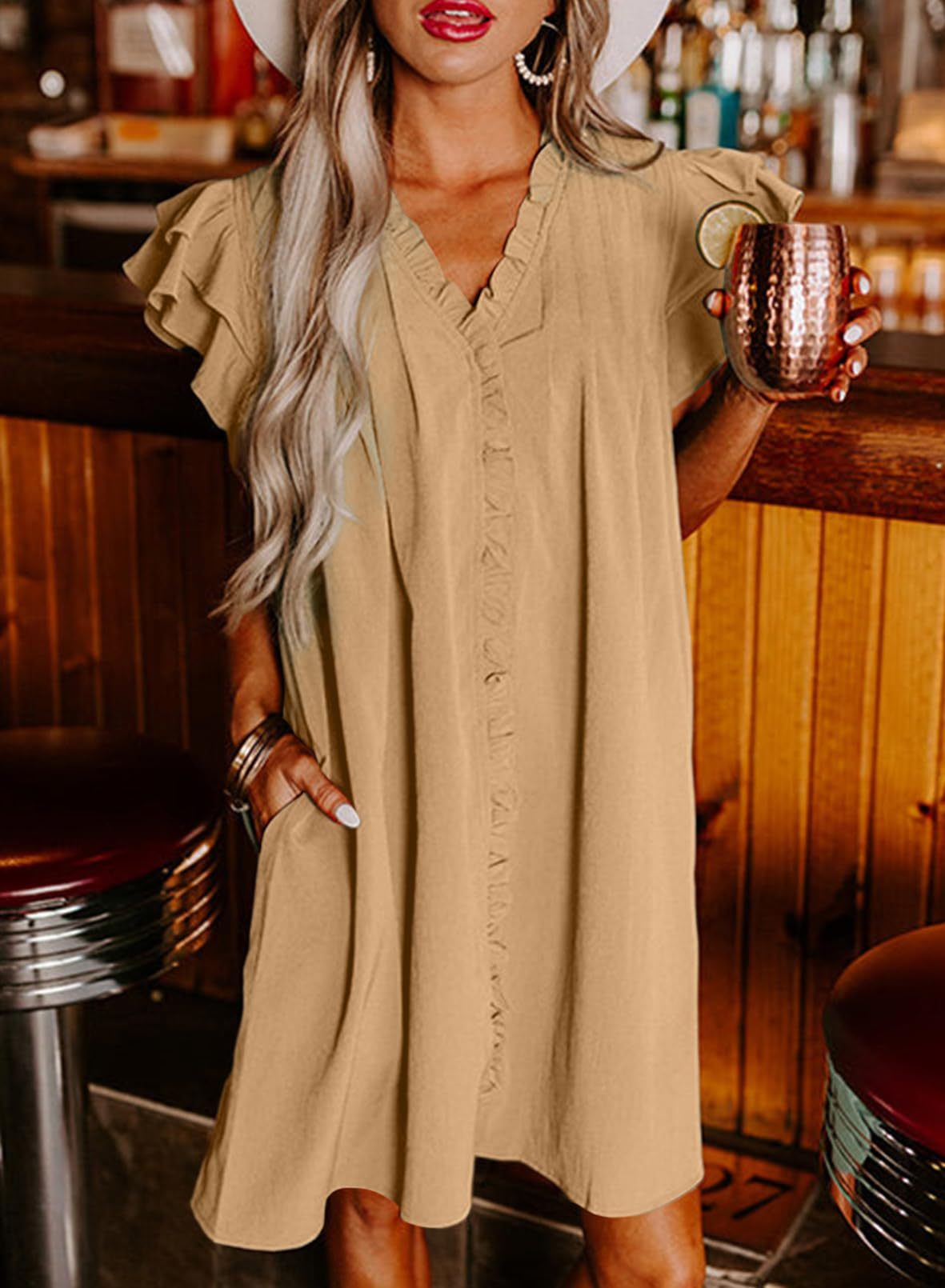 Summer Ruffle Sleeve V Neck Ruffle Cap Short Sleeve Mini Dress