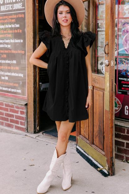 Summer Ruffle Sleeve V Neck Ruffle Cap Short Sleeve Mini Dress
