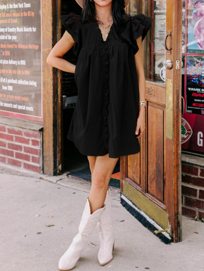 Summer Ruffle Sleeve V Neck Ruffle Cap Short Sleeve Mini Dress