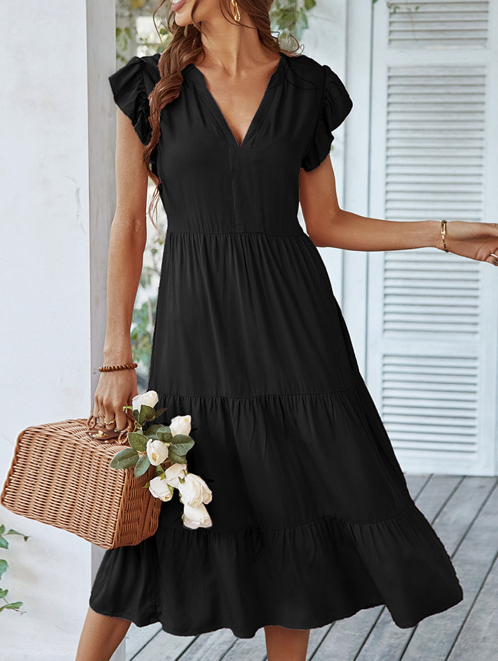 Summer Ruffle Sleeve V Neck Midi Dress