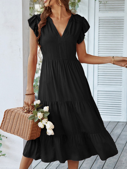 Summer Ruffle Sleeve V Neck Midi Dress