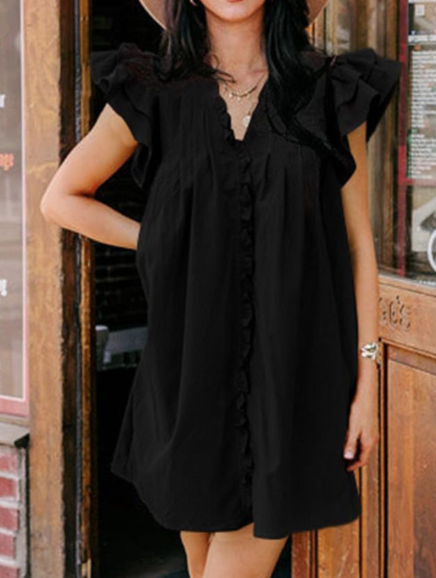 Summer Ruffle Sleeve V Neck Ruffle Cap Short Sleeve Mini Dress
