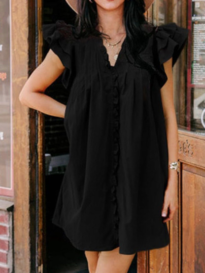 Summer Ruffle Sleeve V Neck Ruffle Cap Short Sleeve Mini Dress