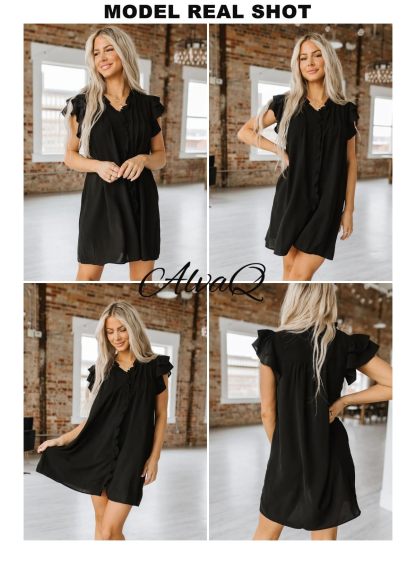 Summer Ruffle Sleeve V Neck Ruffle Cap Short Sleeve Mini Dress