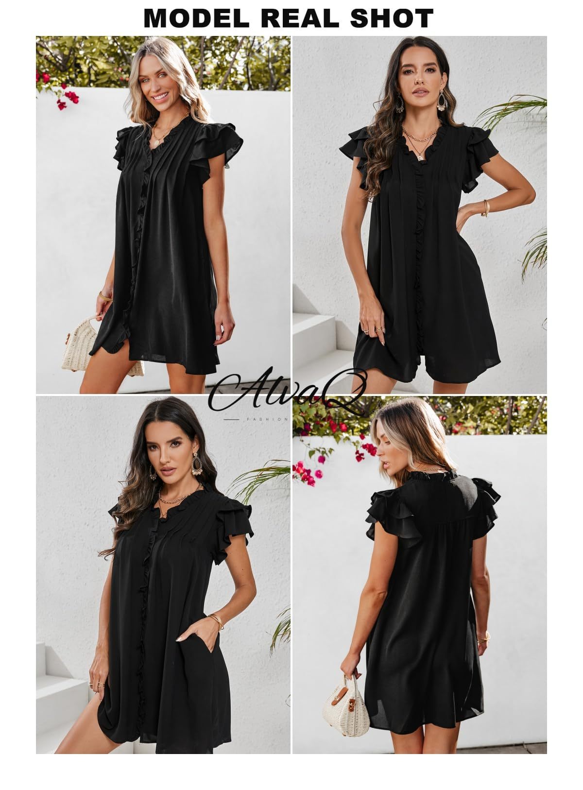 Summer Ruffle Sleeve V Neck Ruffle Cap Short Sleeve Mini Dress