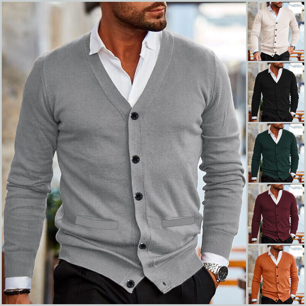 Men's Casual Solid V-Neck Knitted Cardigan