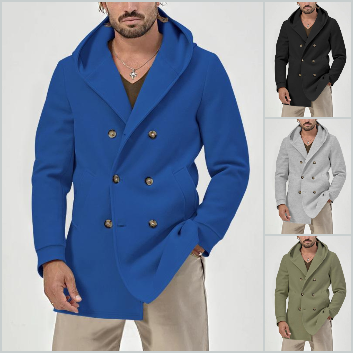 Men's Casual Solid Hooded Double Breasted Coat