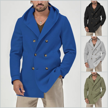 Men's Casual Solid Hooded Double Breasted Coat