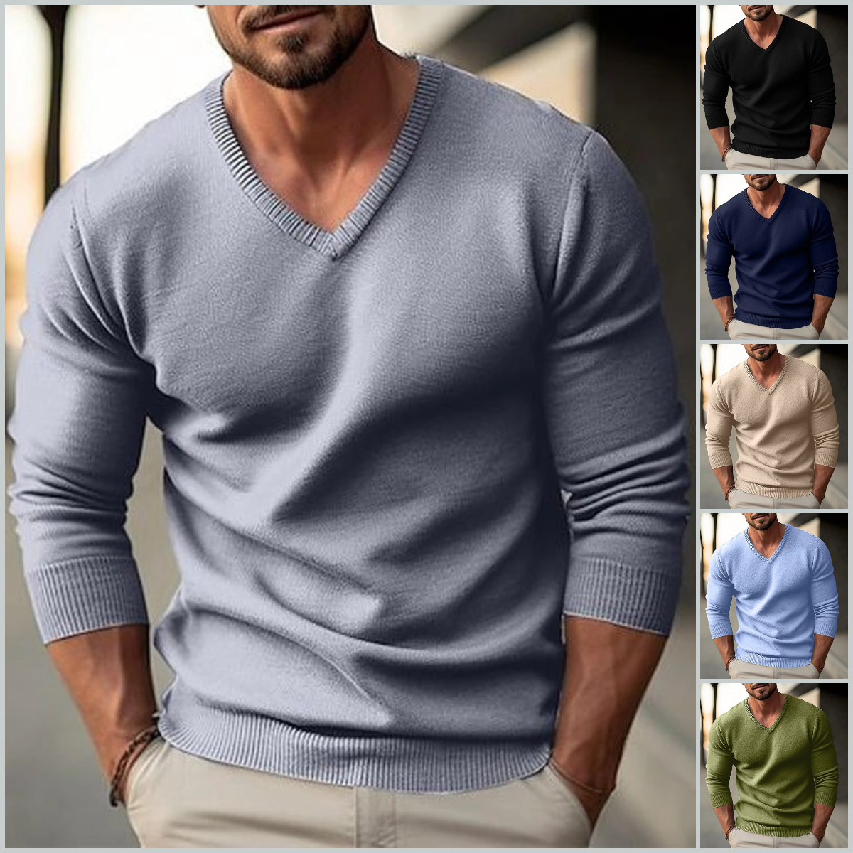 Men's Cashmere Solid V-neck Knitted Pullover Sweater