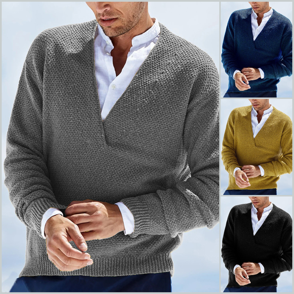 Men's Slim Fit Long Sleeve V-Neck Knit Pullover Sweater