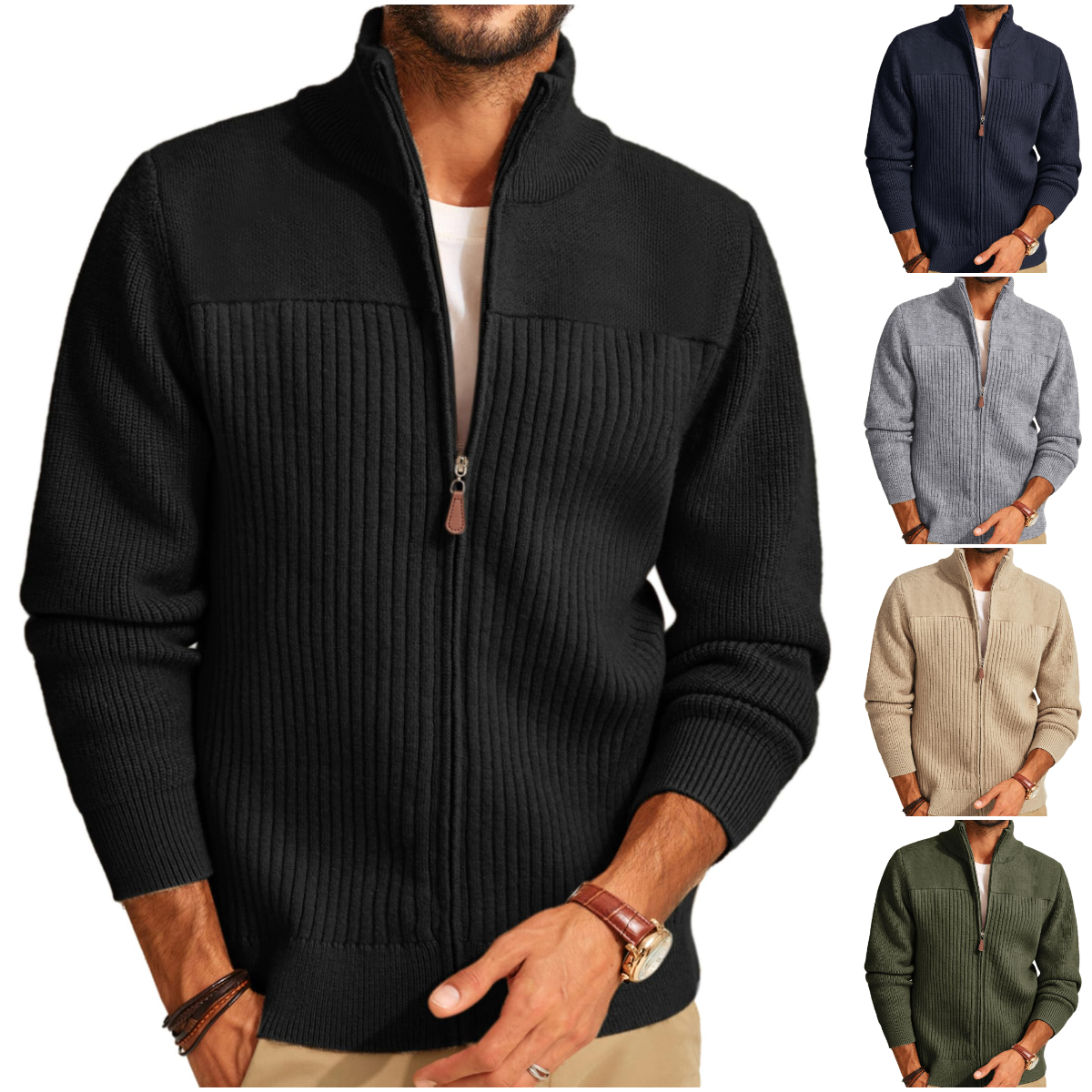 Men's Casual Full Zipper Stand Collar Ribbed Knit Cardigan Sweater