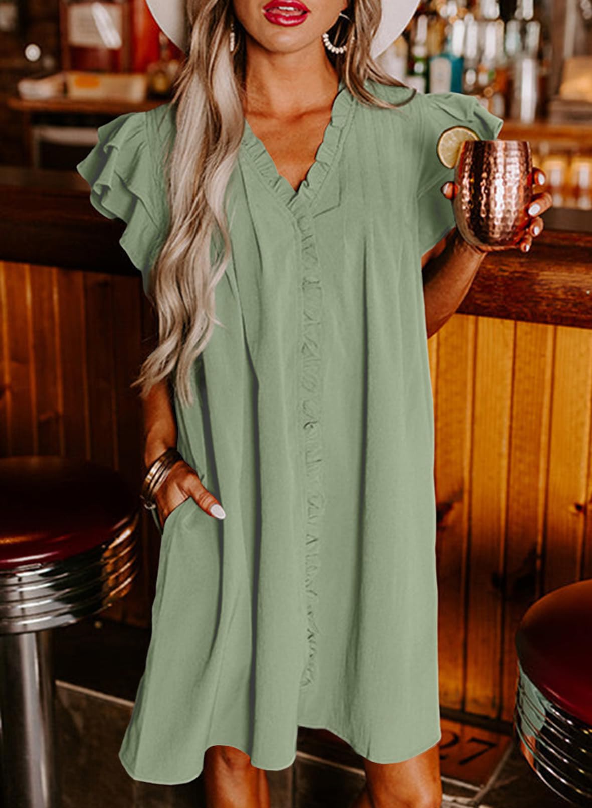 Summer Ruffle Sleeve V Neck Ruffle Cap Short Sleeve Mini Dress
