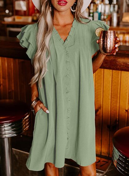 Summer Ruffle Sleeve V Neck Ruffle Cap Short Sleeve Mini Dress