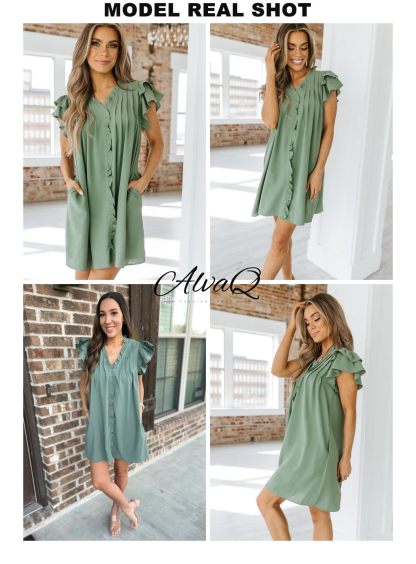 Summer Ruffle Sleeve V Neck Ruffle Cap Short Sleeve Mini Dress