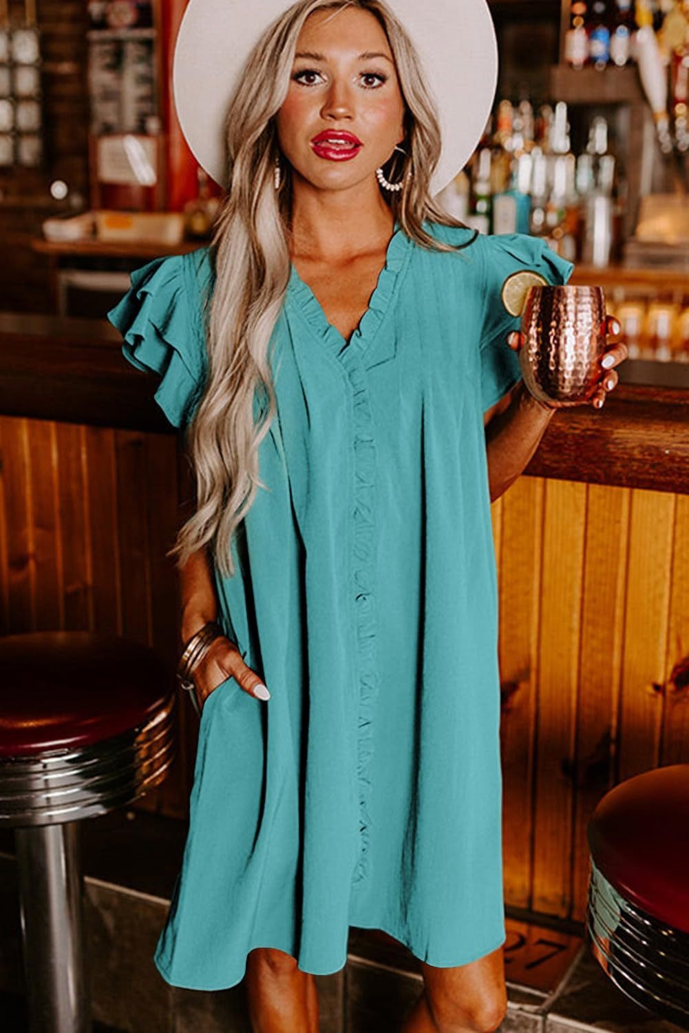 Summer Ruffle Sleeve V Neck Ruffle Cap Short Sleeve Mini Dress