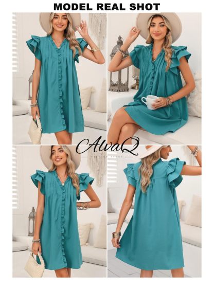 Summer Ruffle Sleeve V Neck Ruffle Cap Short Sleeve Mini Dress