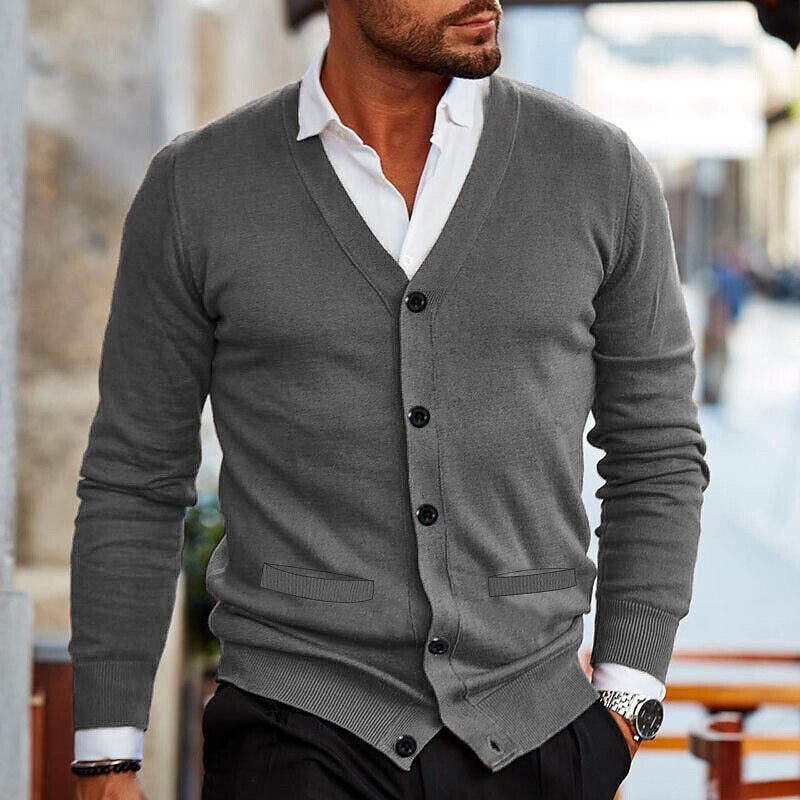 Men's Casual Solid Color V-Neck Long-Sleeved Slim-Fit Knitted Cardigan 52816345M