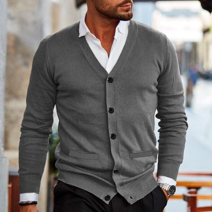 Men's Casual Solid Color V-Neck Long-Sleeved Slim-Fit Knitted Cardigan 52816345M