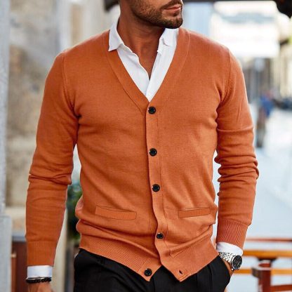 Men's Casual Solid Color V-Neck Long-Sleeved Slim-Fit Knitted Cardigan 52816345M