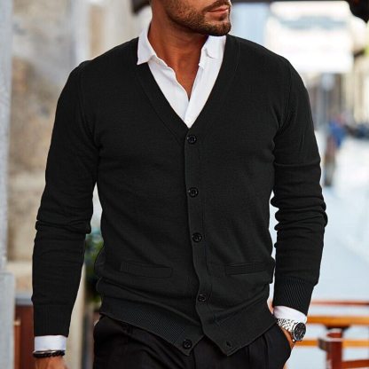 Men's Casual Solid Color V-Neck Long-Sleeved Slim-Fit Knitted Cardigan 52816345M