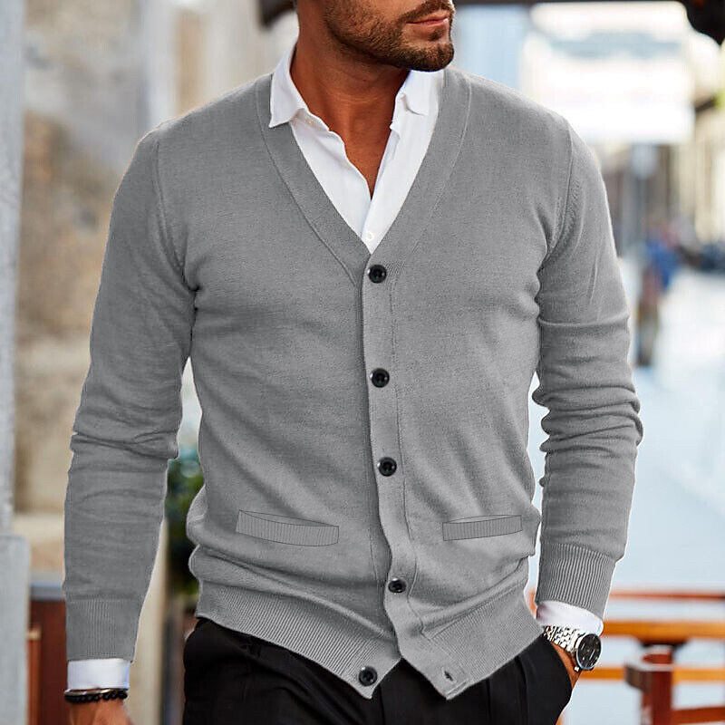 Men's Casual Solid Color V-Neck Long-Sleeved Slim-Fit Knitted Cardigan 52816345M