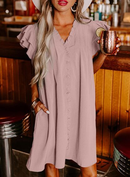Summer Ruffle Sleeve V Neck Ruffle Cap Short Sleeve Mini Dress