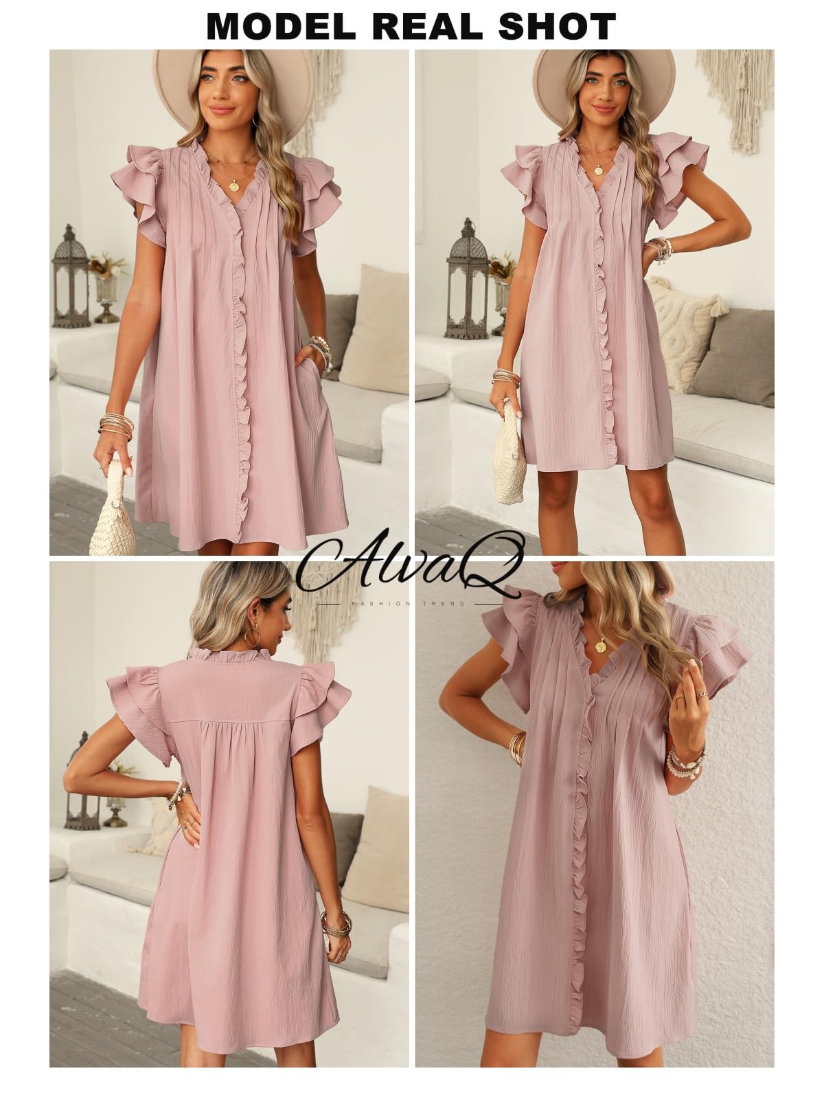 Summer Ruffle Sleeve V Neck Ruffle Cap Short Sleeve Mini Dress