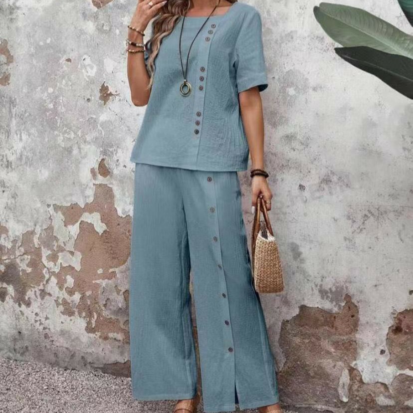 Button Decor Two Piece Set, Short Sleeve Blouse & Wide Leg Split Pants Outfits, Women's Clothing