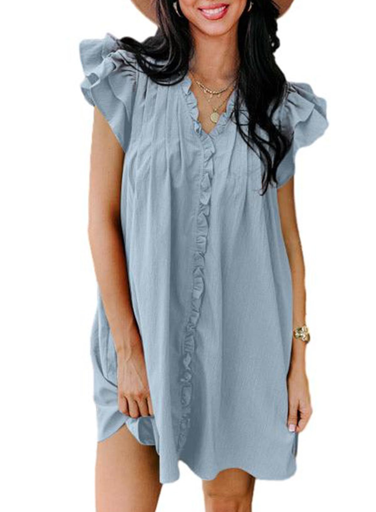 Summer Ruffle Sleeve V Neck Ruffle Cap Short Sleeve Mini Dress