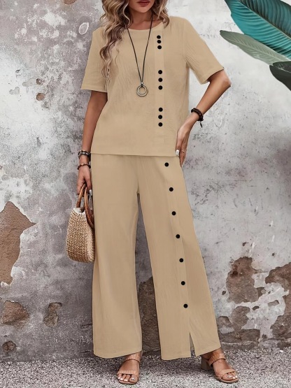 Button Decor Two Piece Set, Short Sleeve Blouse & Wide Leg Split Pants Outfits, Women's Clothing
